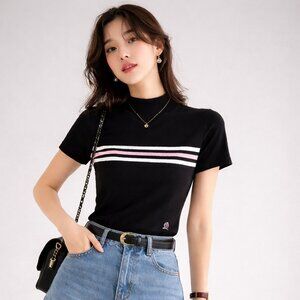 Vintage Tommy Hilfiger Women M Black Mock Neck Sweater 90s Y2K Stripe